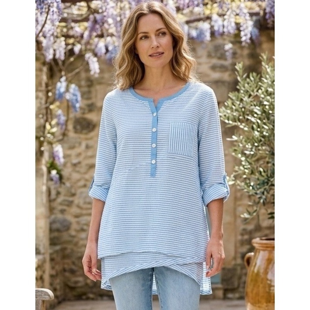 Habitat Striped Asymmetrical Hem 3/4 Sleeve Henley Shirt Women's Small Vacation